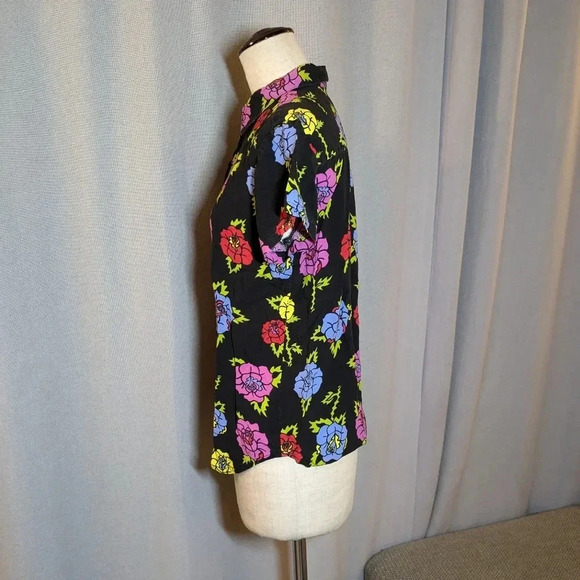 Nooworks Black Blouse Joyce Shirt Thorny Rose Top Short Sleeve Button Up Small - Picture 4 of 8